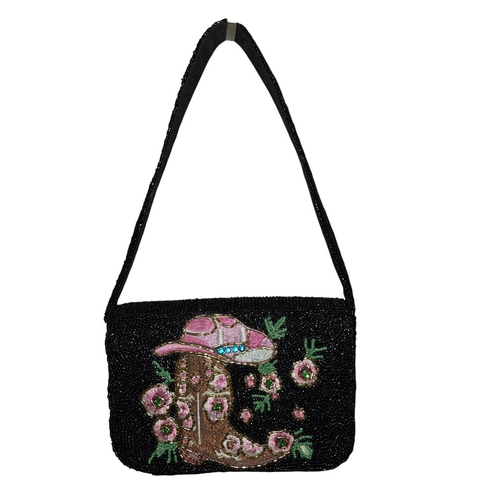 Studio 33 Beaded Shoulder Bag OS Black New Western Cowboy Boot Floral